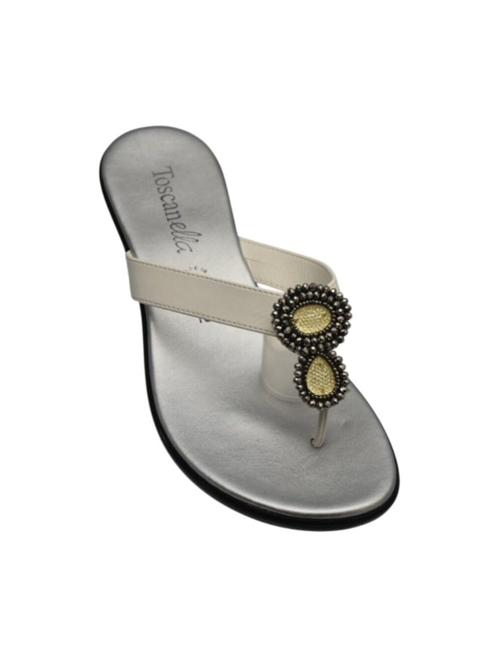 Toscanella Womens 10 White Wedge Sandals Rhinestone Italian Leather Thong Slides